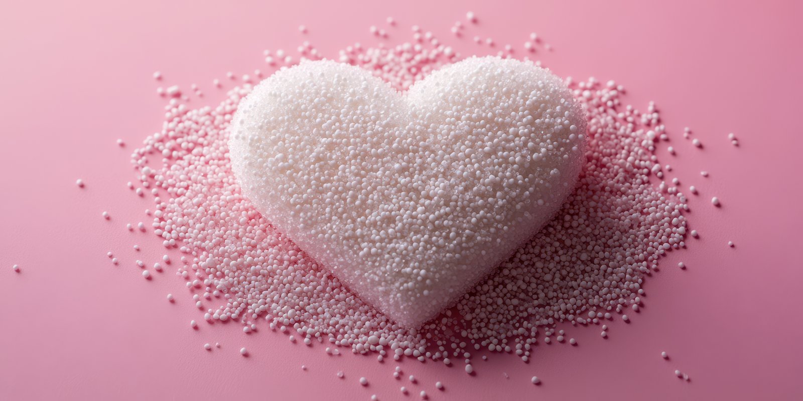 White heart-shaped sugar surrounded by tiny sugar pearls on pink background creates a sweet, romantic atmosphere
